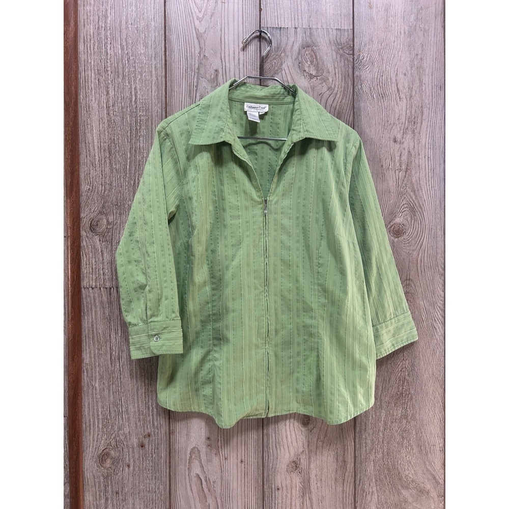 Coldwater Creek Womens 1X Sage Green Zip Front 3/4 Sleeve Textured Stripe Shirt
